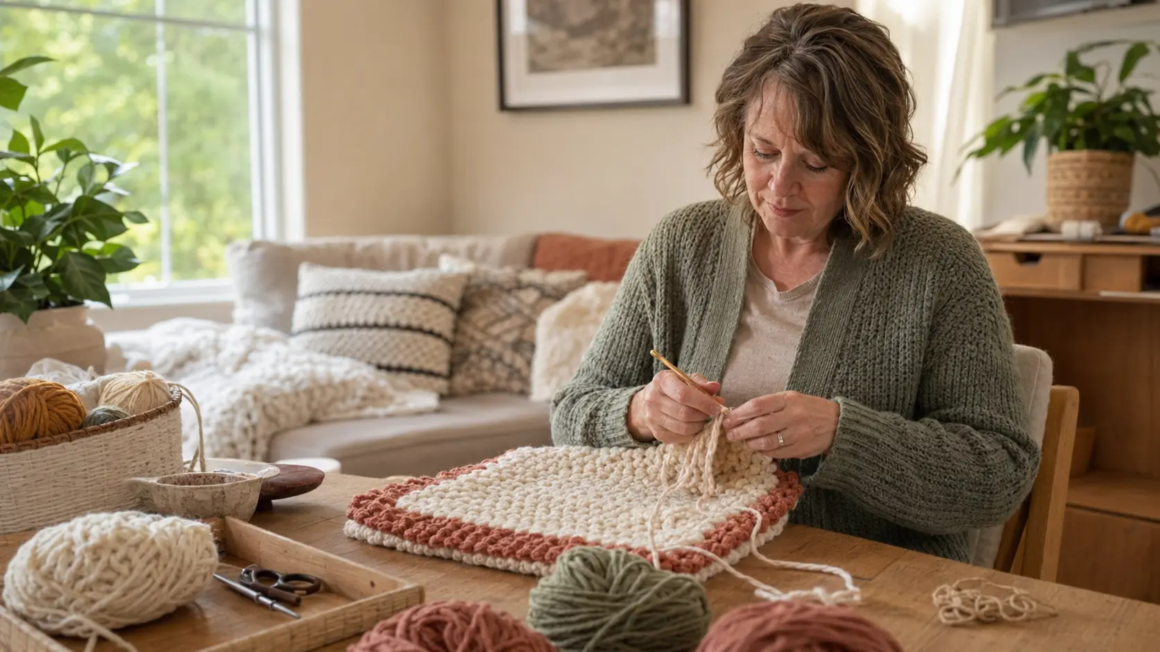 Woman doing handcraft work at home